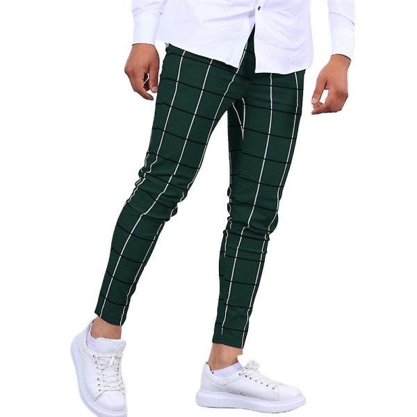 Men's Plaid Casual Chinos Work Pants Slim Fit Skinny Business Formal Trousers Pants CMK Dark Green 3XL