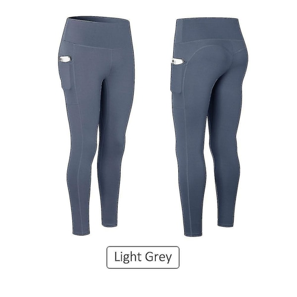 Yoga Bukser Stretch Høy midje Yoga Leggings Dame Fitness Sportslommer Bukser CMK Light Grey XL