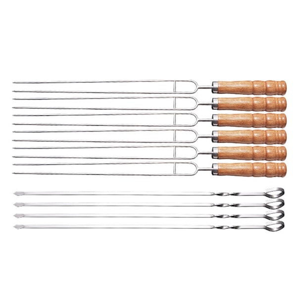 Gjenbrukbare U-formede Grillspyd - 201 Rustfritt Stål Gaffelpinner med Trehåndtak for Perfekt Grilling