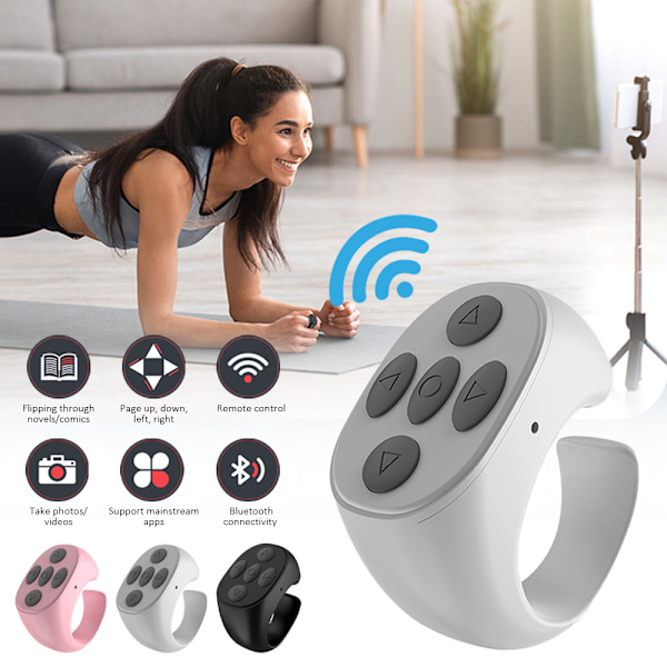 Trådlös Bluetooth-ring för fingertoppsrulning, fjärrkontroll för telefonapp, sidvändare White