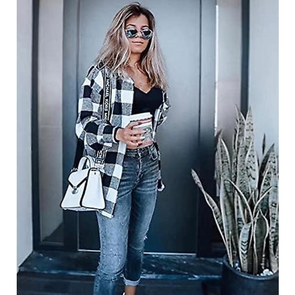 Rutete langermet skjorte dame Button Down ullblanding tynn jakke Casual blusetopper med lomme Black and White Black and White M