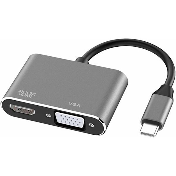 USB C til HDMI VGA adapter, 2 i 1 type C til HDMI 4K, VGA 1080P kompatibel med MacBook Pro/Air 2020 2019, iPad Pro, Surface, grå