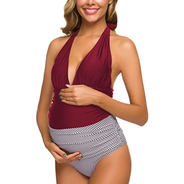 One Piece Gravid Badedrakter Stripe Halter Badetøy Dyp V-hals Red XL