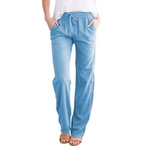 Damebukser i bomull, lin, snøring Elastiske sidelommer i midjen Høye bukser CMK blue XL