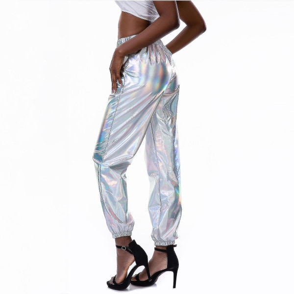 Damemote Holographic Streetwear Club Cool Shiny Causal Pants CMK White XL
