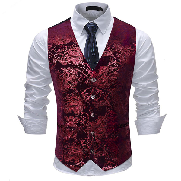 Allthemen Miesten V-pääntie printed Business Casual kulta hopea puku liivi CMK Red S