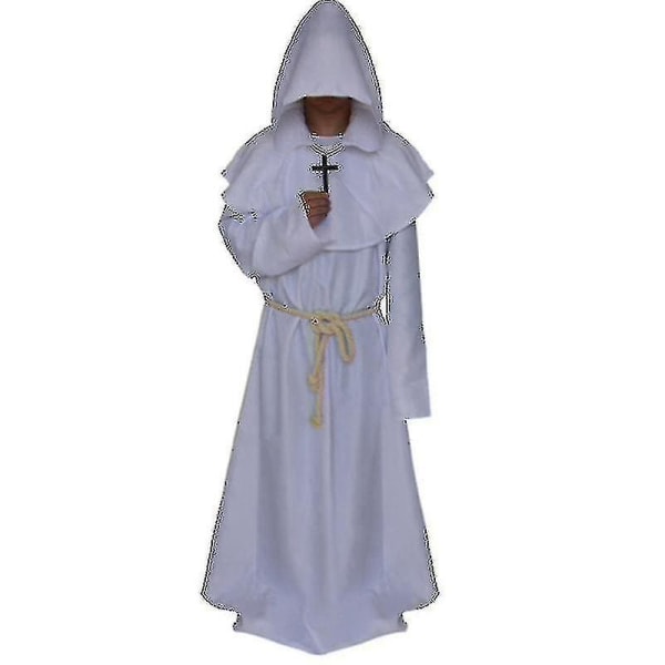 Adult Monk Hooded Robe Cloak Cape Friar Medieval Priest Costume V White L