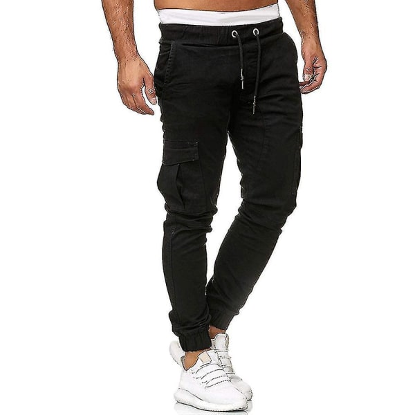 Men Elastic Waist Cargo Pockets Trousers Slim Fit Sport Combat Cuffed Pants CMK Black M