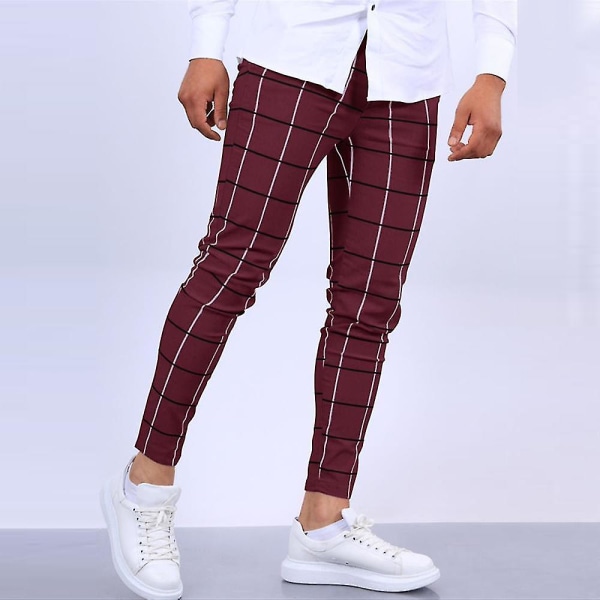 Men's Plaid Casual Chinos Work Pants Slim Fit Skinny Business Formal Trousers Pants CMK Dark Red L