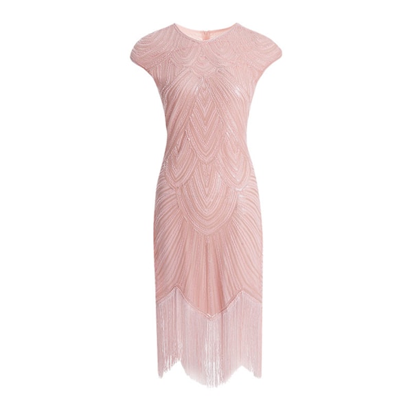 Vintage Flapper Klänningar från 1920-talet för kvinnor Kristallpärlfransade Great Gatsby-klänning Rosa Pink Pink M