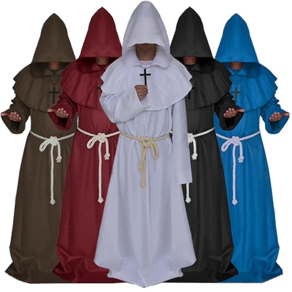 Adult Monk Hooded Robe Cloak Cape Friar Medieval Priest Costume V White M