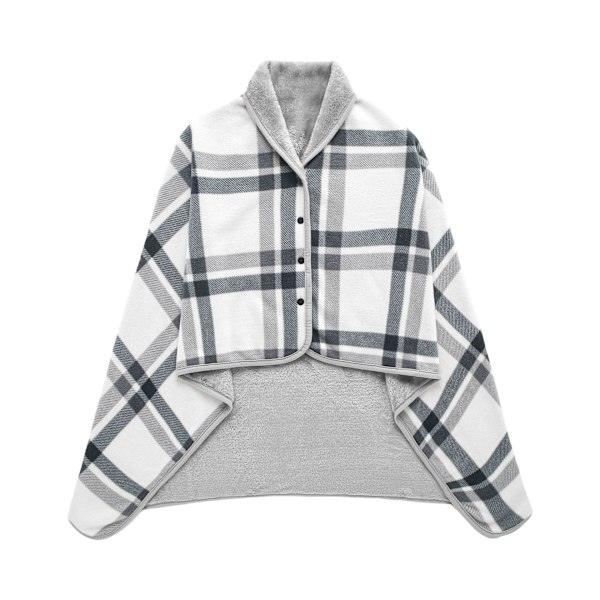 Fleeceponcho for kvinner, rutete fleece-sjal, varm vinterkappe med knapper, rutete teppe