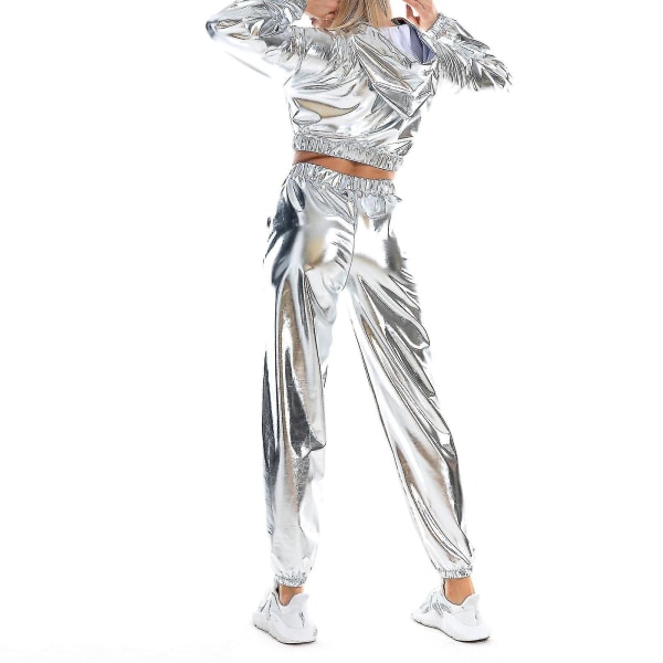 Women's Fashion Holographic Streetwear Club Cool Shiny Causal Pants CMK Silver S