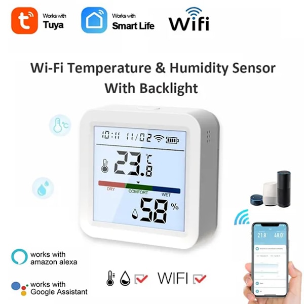 Smart WiFi Temperatur- og luftfuktighetsmåler Slitesterk Komfortabel temperatursensor for kontor og hjem