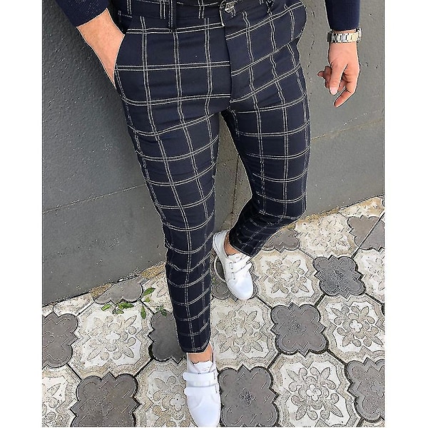 Herre Ternet Plaid Chino Arbejdsbukser Casual Business Formel Skinny Slim Fit Smart Trousers CMK Dark Blue M