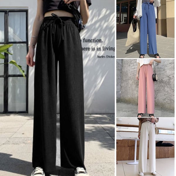 Women Ice Silks Wide Leg Pants Loose Elastic Waist Casual Summer Long Trousers New CMK Apricot