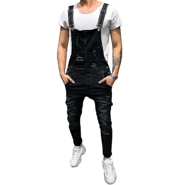 Mens Denim Ripped Overalls Jeans Dungarees Jumpsuits With Pockets CMK Black L