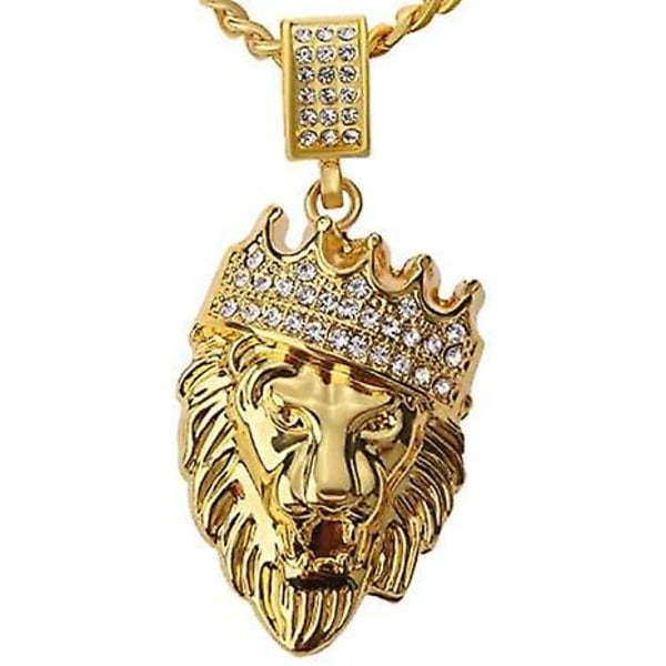 Hip Hop smykker Gull Crown Lion Head Pendant Iced Out Clear Rhinestones Diamonds Prong Set - Curb Cuban Chain Rustfritt stål Halskjede CMK