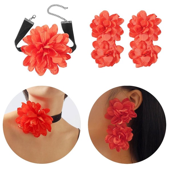 Floral Earring Rose Flower Choker Chain Women Girl Party Banquet Ornament CMK Red B earrings