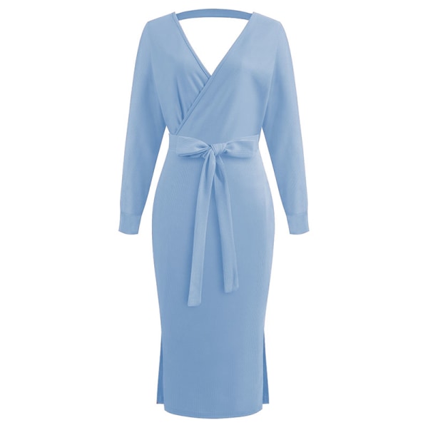 Autumn and winter sexy V-neck tie long-sleeved women's dress light blue L