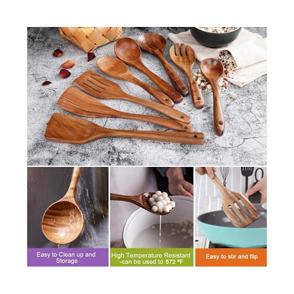 Tresleiv for matlaging, Non-stick kjøkkenredskapssett, Tresleiv for matlaging, Ikke-ripende naturlige teaktreredskaper for matlaging (Teak 8