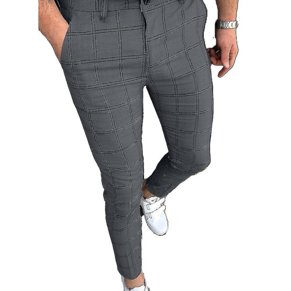 Herre Rutete Chino Arbeidsbukser Uformell Business Formell Skinny Slim Fit Smart Bukser CMK Gray S