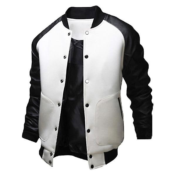 Mænd Baseball Varsity Letterman Coat Pu Læder Bomber Jacket Sztlv CMK White M