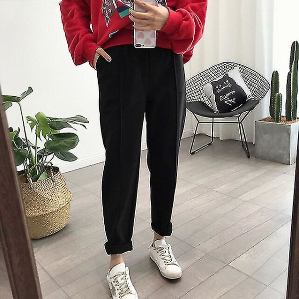 Winter Pencil Pants Women Thicken Warm Solid Casual Loose High Waist Trousers Female Wool Ankle-length Straight Work Suit Pants Xinda CMK BLACK S