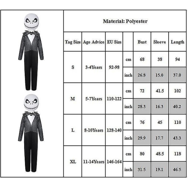 3-14 år Kids Halloween Nightmare Jack Skellington Cosplay Jumpsuit med maske V 5-7 Years