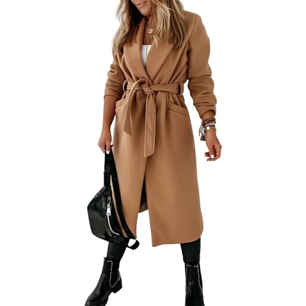 Damekåpe med slagekrage, åpen foran, belte, lang jakke khaki khaki XL