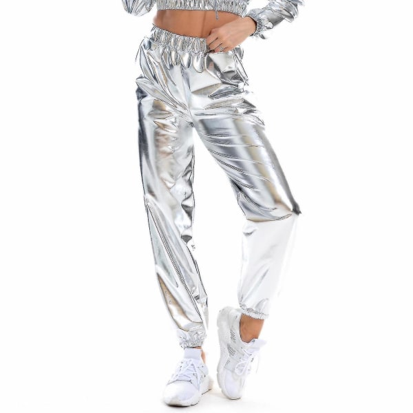 Women's Fashion Holographic Streetwear Club Cool Shiny Causal Pants CMK Silver XXL