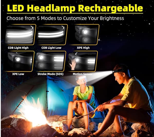 Hodelykt 3-PAKKS oppladbart, 1000 lumen 230° bred stråle supersterk hodelykt Black Svart