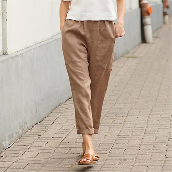 Women Ladies Baggy Harem Pants Summer Holiday Solid Cropped Trousers With Pockets CMK Khaki 2XL