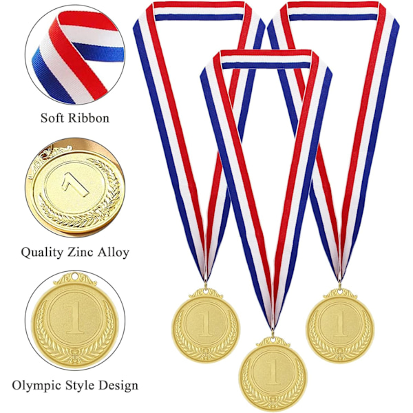 Medaljer for barn, 12 stk. olympiske gullmedaljer i metall med bånd, premier for idrettsdager, konkurranser, gaver til voksne barn