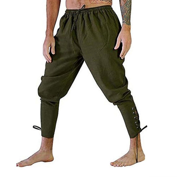 Mænd ankelbåndede bukser Vintage stil middelalderlig Viking Navigator Pirat kostumebukser Xinda CMK Army Green 2XL