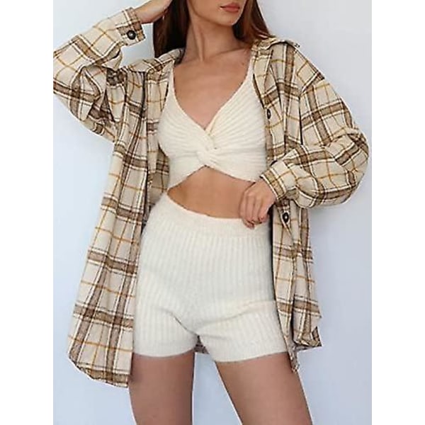 Rutete langermet skjorte dame Button Down ullblanding tynn jakke Casual blusetopper med lomme Coffee Coffee M