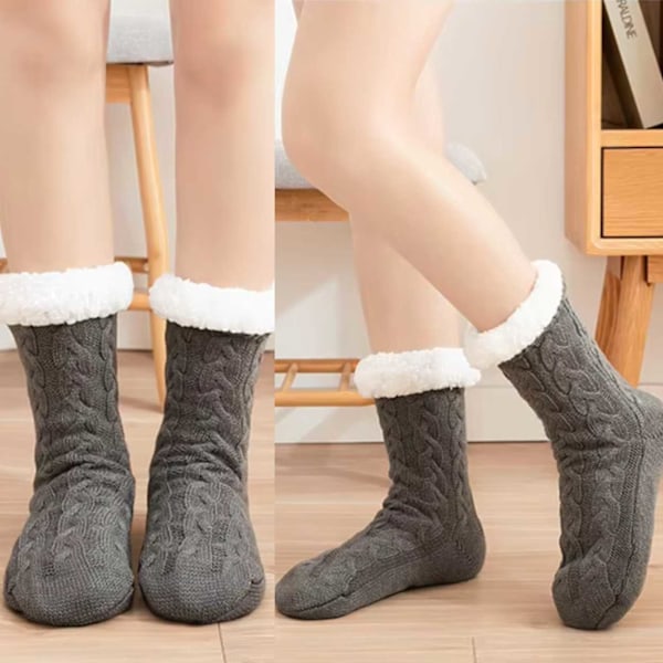 Lurviga Varma Stickade Sockor Tofflor med Halkskydd grå gray one size