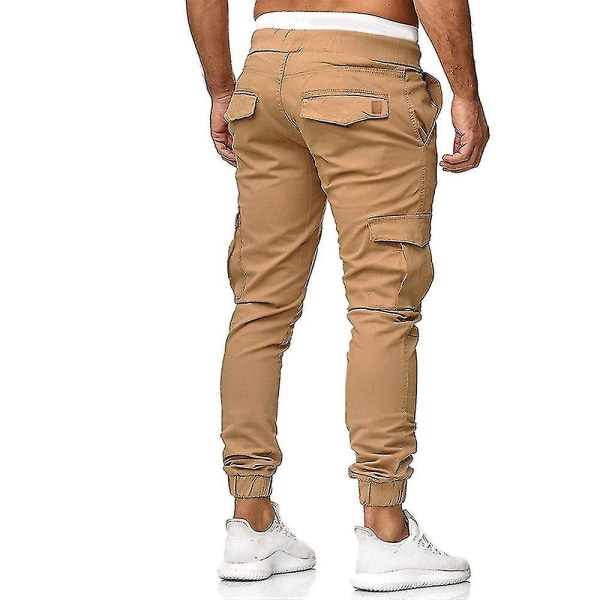 Men Elastic Waist Cargo Pockets Trousers Slim Fit Sport Combat Cuffed Pants CMK Khaki M