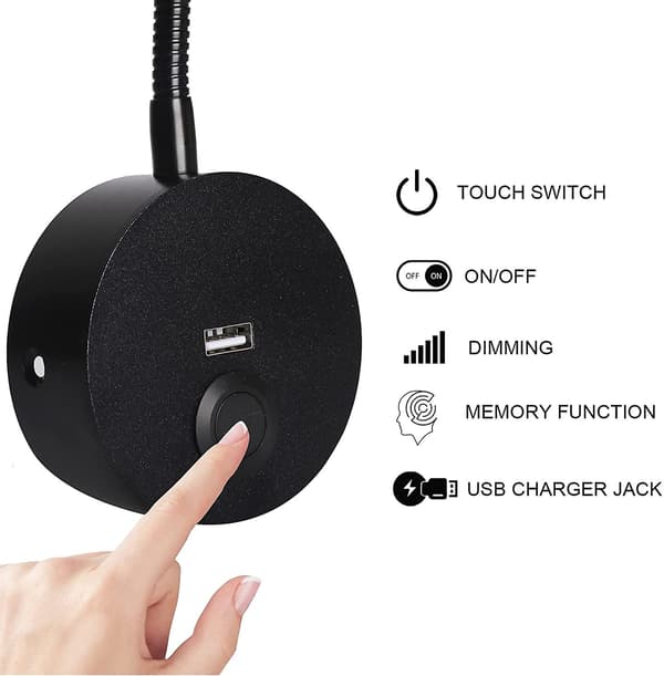 Dæmpbar sengelampe, minimalistisk LED-sengelæselampe, hovedgærde vægmonteret med USB-oplader (mat sort)