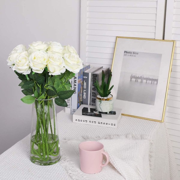 12 stk Kunstige roser, Deco falske silkeblomster med enkelt stilk white