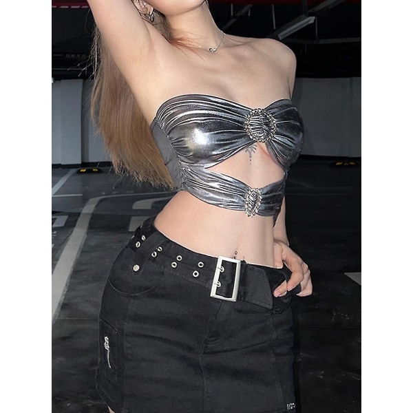 Kvällstoppar för kvinnor ihåligt silverfärgat konstläder Strapless Crop Tops Skinny Sexig Pu Tank Camis Clubwear Kostymer CMK M