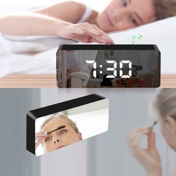 Digital väckarklocka, LED-spegel digital klocka, sängbordsklocka, morgonväckarklocka, nattlampa, justerbar ljusstyrka, för hemmakontor