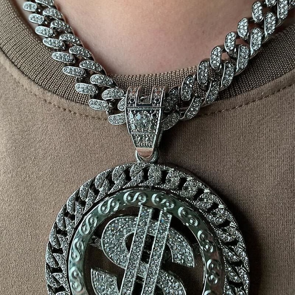 Hip Hop Aaa+ tekojalokivi Pyöritettävä dollari Iced Out 13mm Miami Cuban Link Ketju Riipus Kaulakorut Miesten Naisten Korut Hopea 30 tuumaa CMK