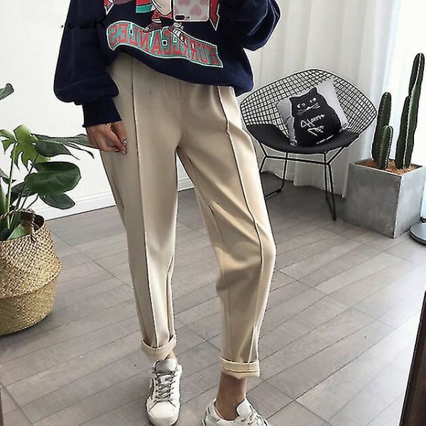 Winter Pencil Pants Women Thicken Warm Solid Casual Loose High Waist Trousers Female Wool Ankle-length Straight Work Suit Pants Xinda CMK Apricot S