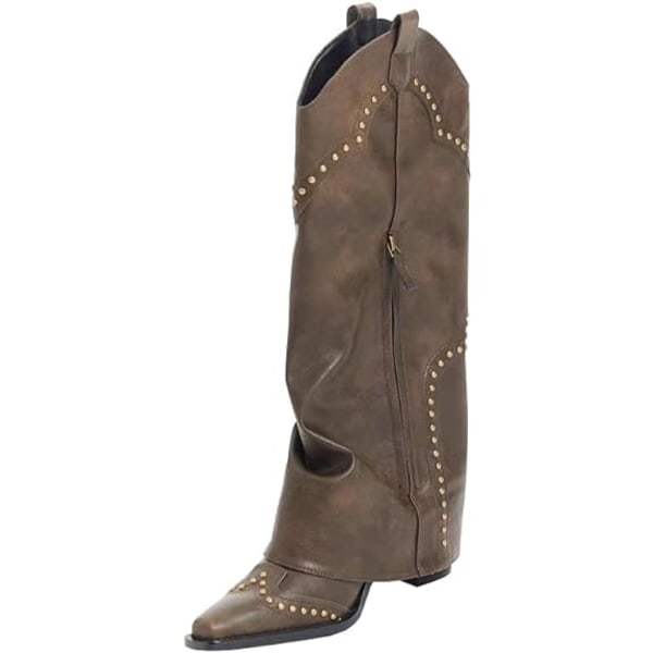 【Tricor butik】 Kvinnors bruna spetsiga tåblock med klack dubbade västerländska cowboystövlar bronze 36