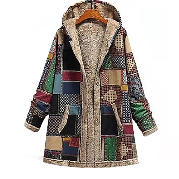 Winter retro women's warm print thickened hooded jacket green S