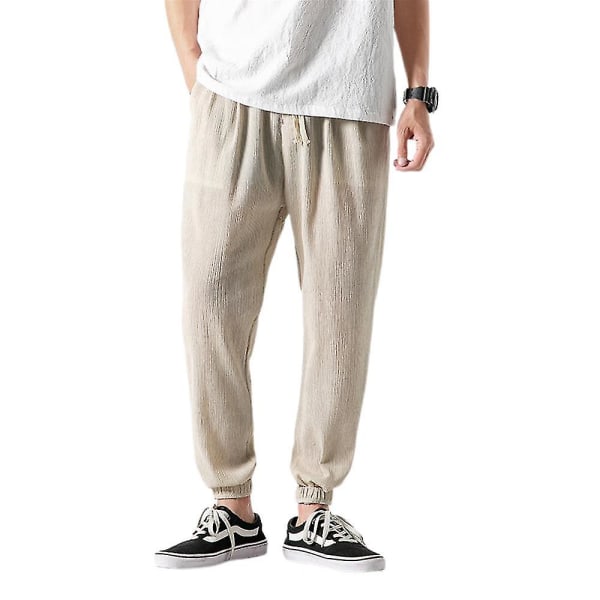 men's cotton linen loose casual trousers Beige 4XL