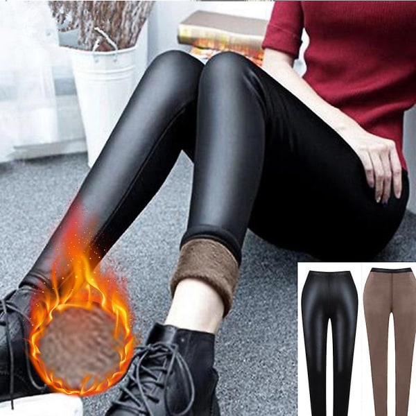 Dame Læder Varme Leggings Vinter Sexet Højtalje Slank Strømpebukser Nylon Tight Kvinde Elastisk Uldsok Bukser Termisk Legging CMK Brown-Thick velvet XXL