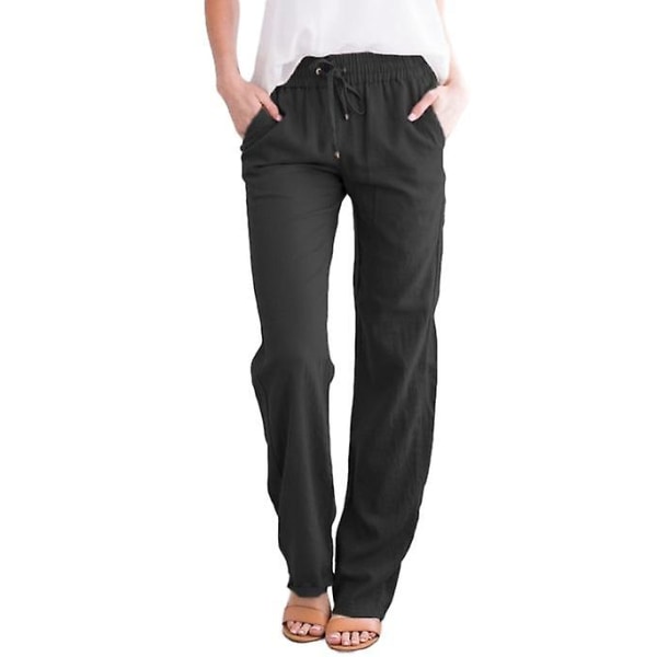 Women's Cotton Linen Pants Drawstring Elastic Waist Side Pockets High Pants CMK black L