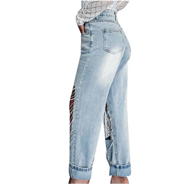 Women High Waist Trendy Ripped Jeans Pants CMK light blue XL